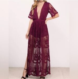 Burgundy Embroidered Lace Romper Shorts Maxi Dress